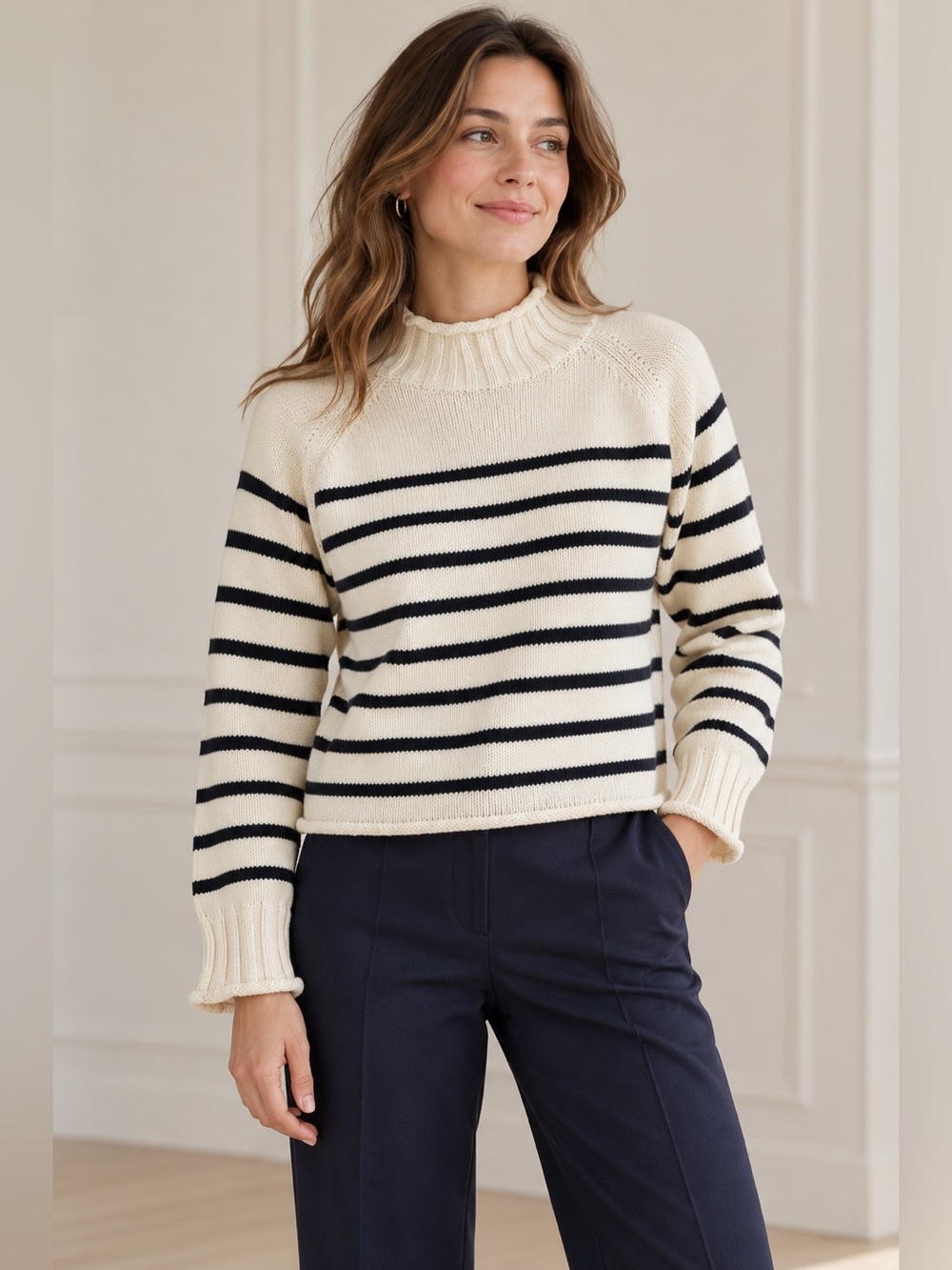 J.Crew 2025 Rollneck Striped Cotton Sweater Ivory Navy XXS NWT